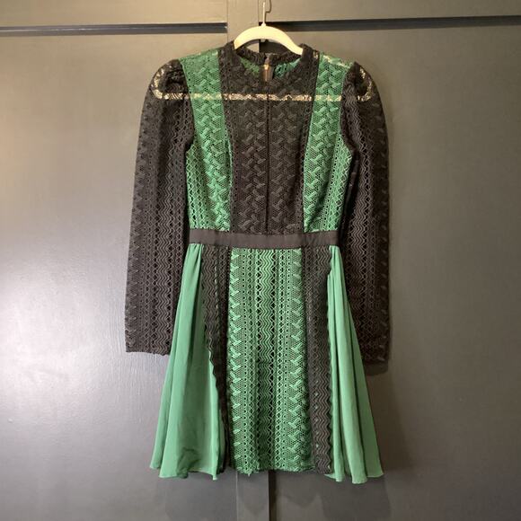 Self Portrait long sleeve mesh Green Lace pleated flare whimsygoth Mini Dress 4 - Picture 12 of 14